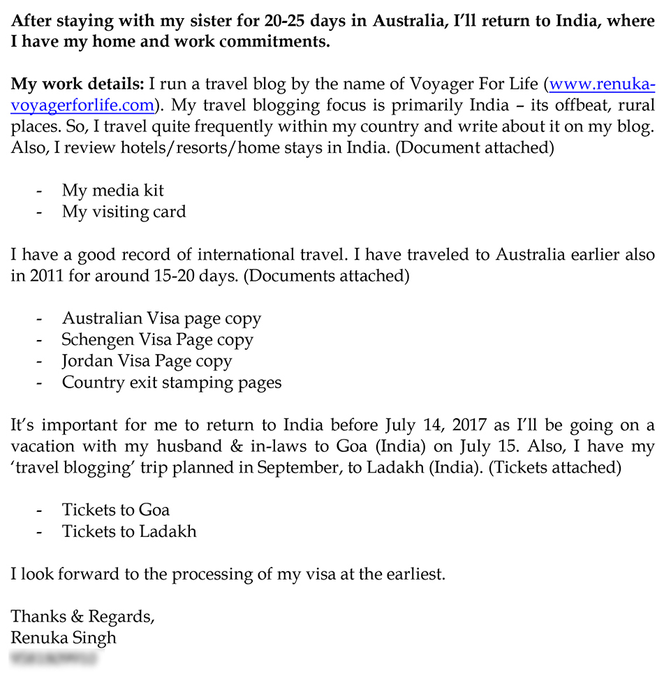 visa application letter australia