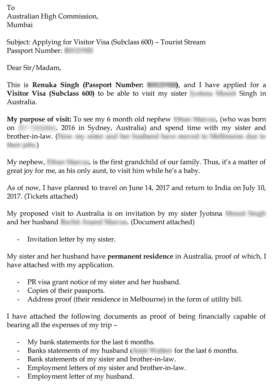 tourist visa cover letter for australia