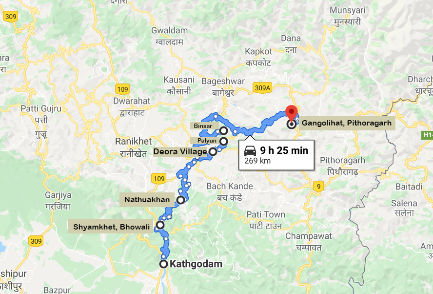 Road map of Kumaon travel itinerary